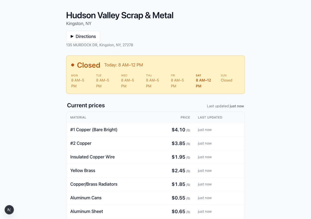ScrapSage public pricing page for Hudson Valley Scrap & Metal — live materials and prices.